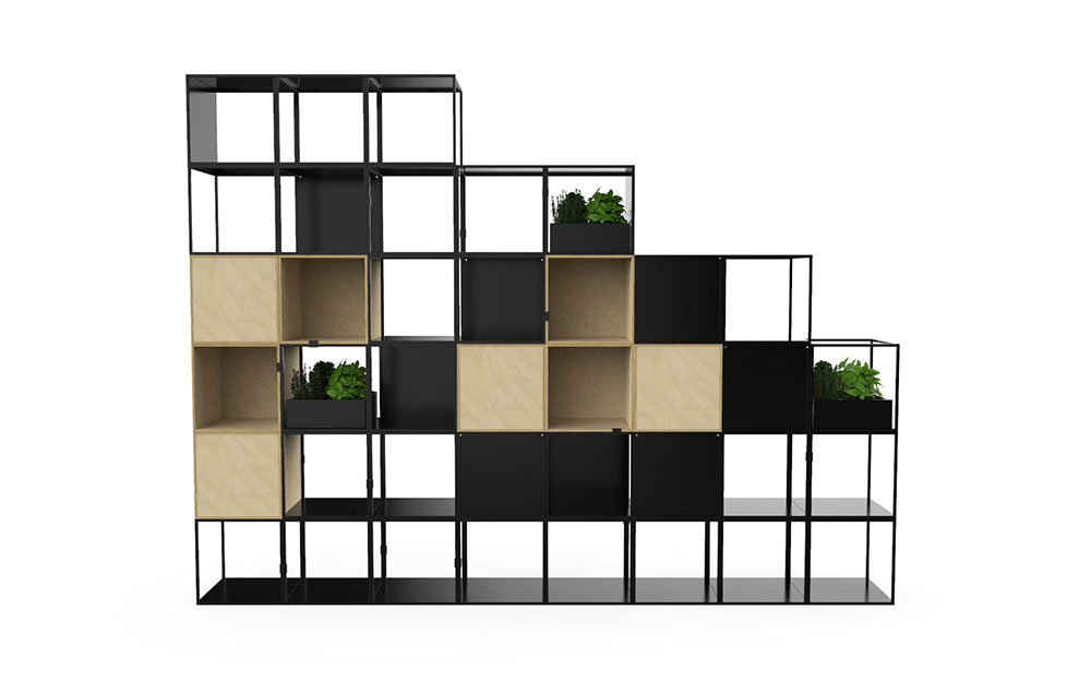 Cage shelving Cage cube shelf unit with ash maple boxes.