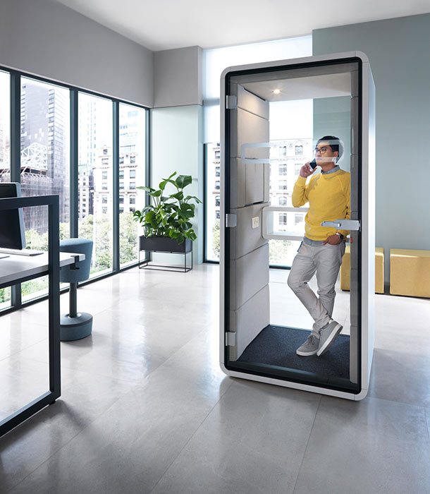 Hush phone booth without hocker stool.