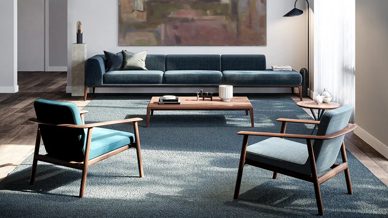Kato chair Beautiful contemporary wood framed Kato armchairs in waiting area.